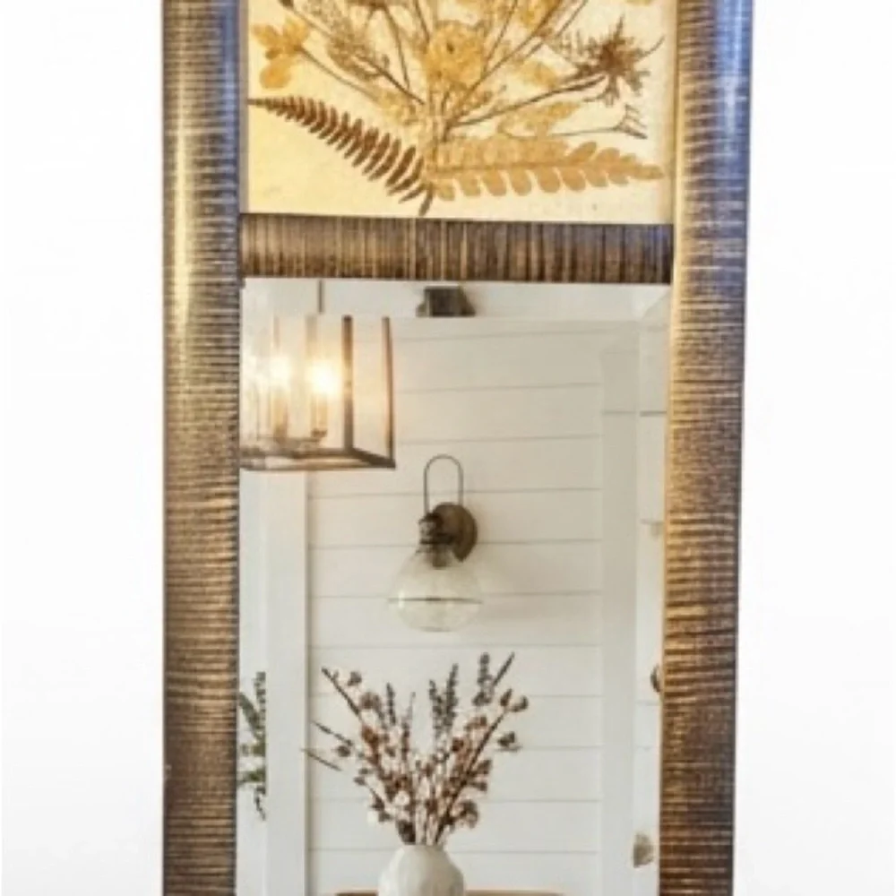 Rare Vintage Dried Pressed Botanical Floral 70s Boho Farmhouse Beveled Mirror